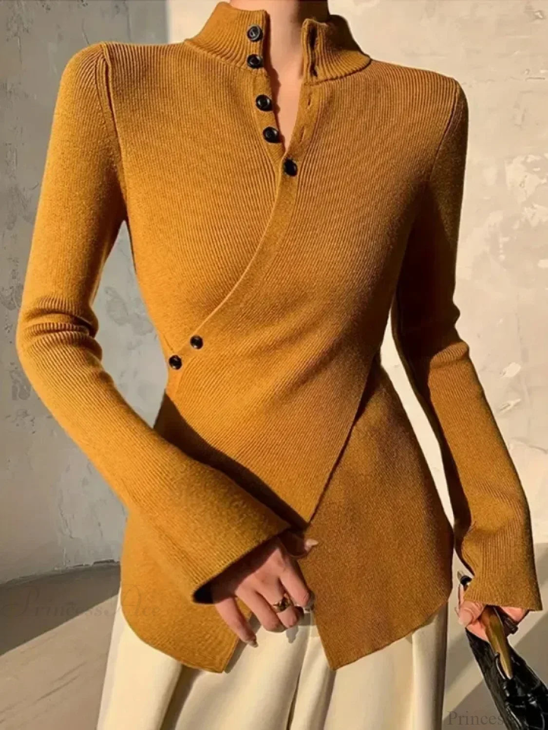 Solid Color Asymmetric Long Sleeve Sweater Orange / S