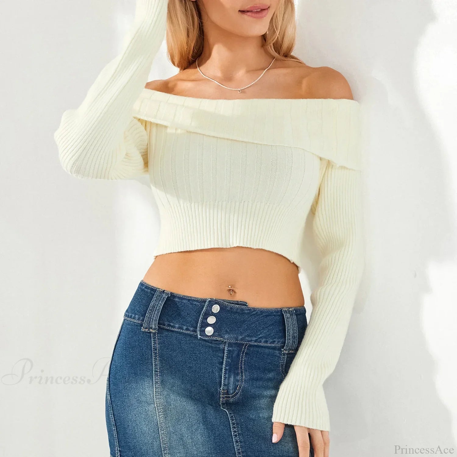 Solid Color Boat Neck Crop Sweater