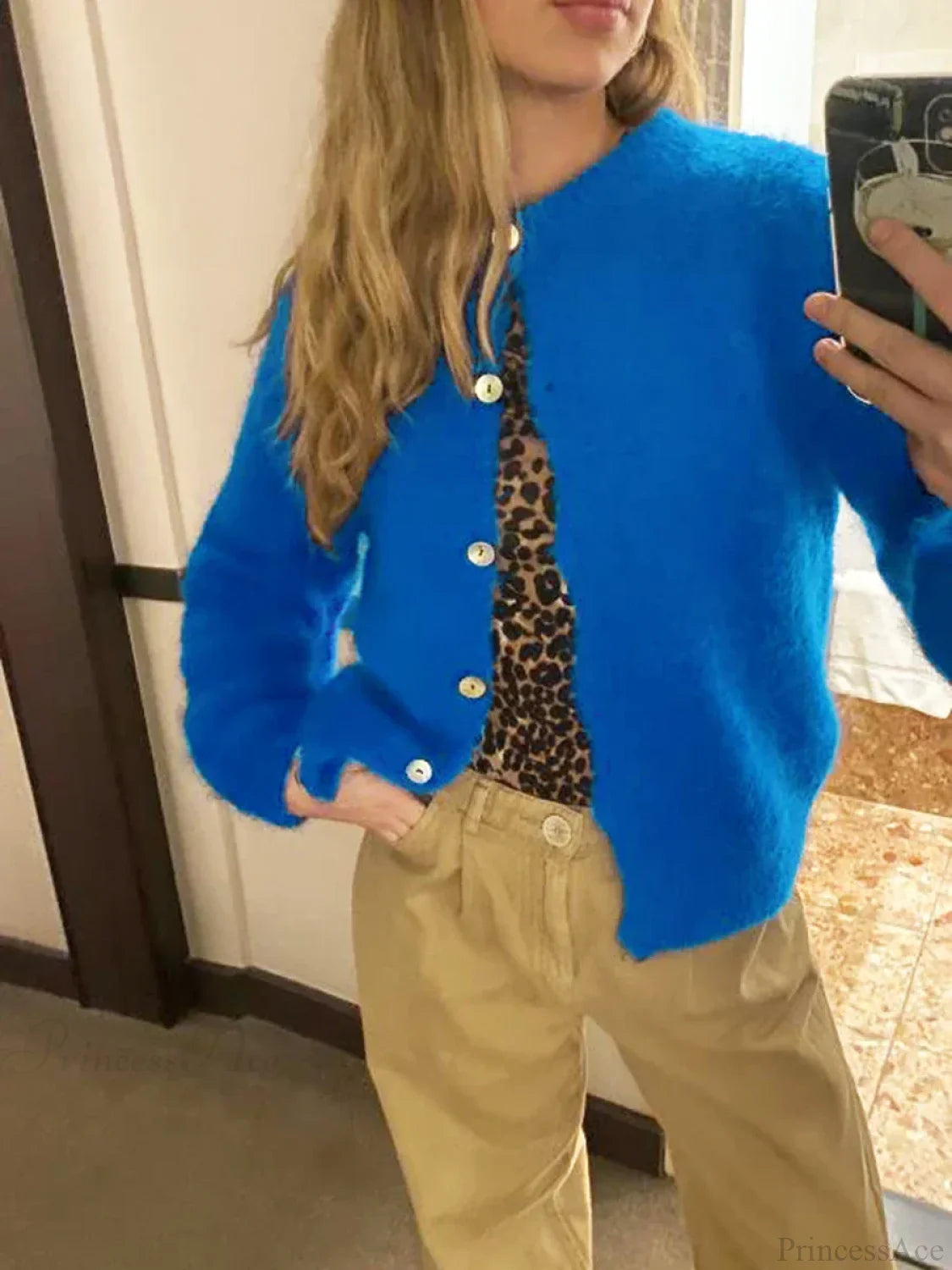 Solid Color Button-Down Long Sleeve Cardigan blue / S