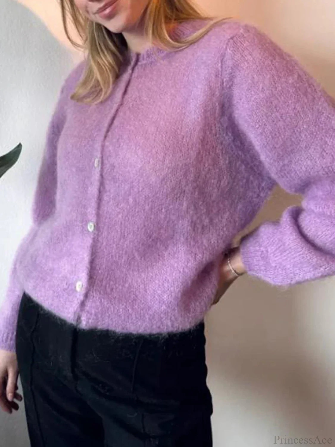 Solid Color Button-Down Long Sleeve Cardigan purple / S