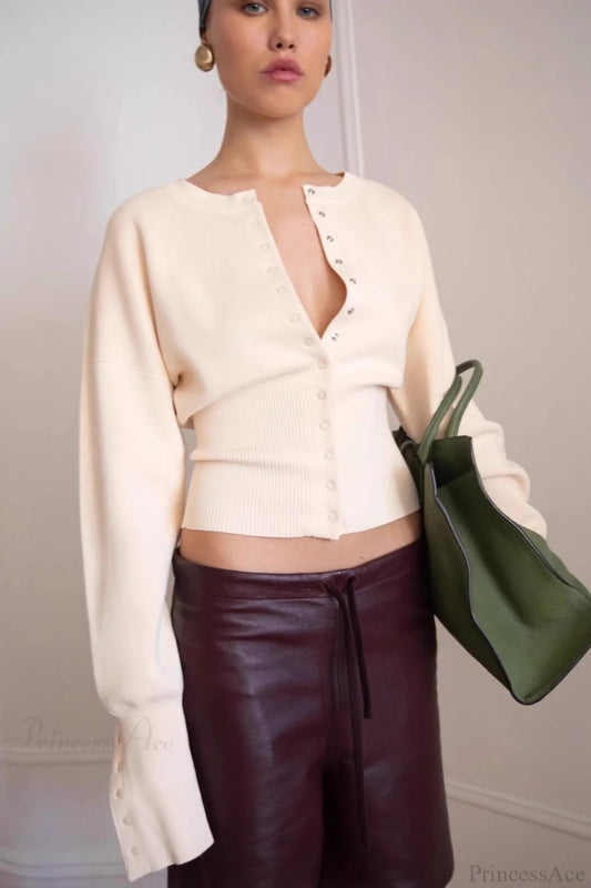 Solid Color Button Long Sleeve Slim Cardigan Sweater Apricot / S