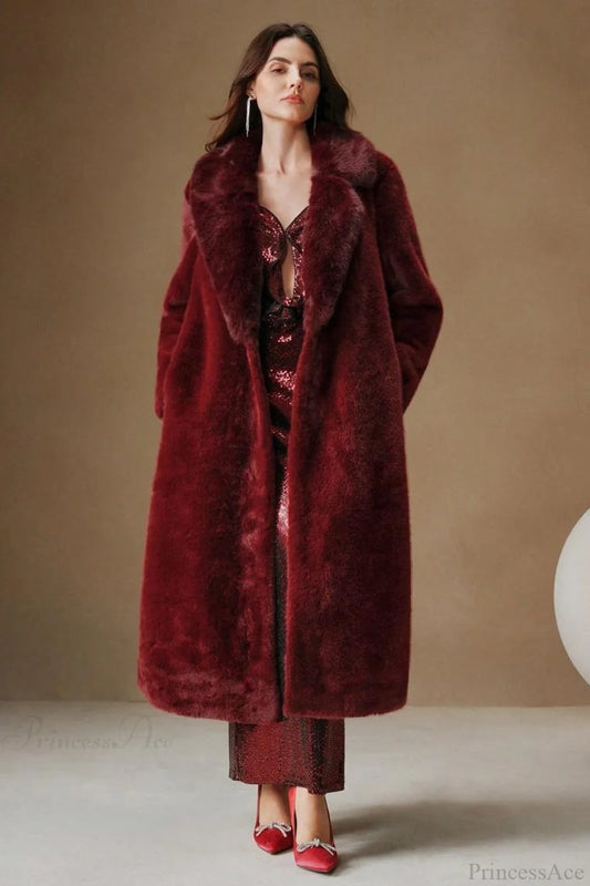 Solid Color Casual Furry Collar Faux Fur Overcoat Burgundy / S