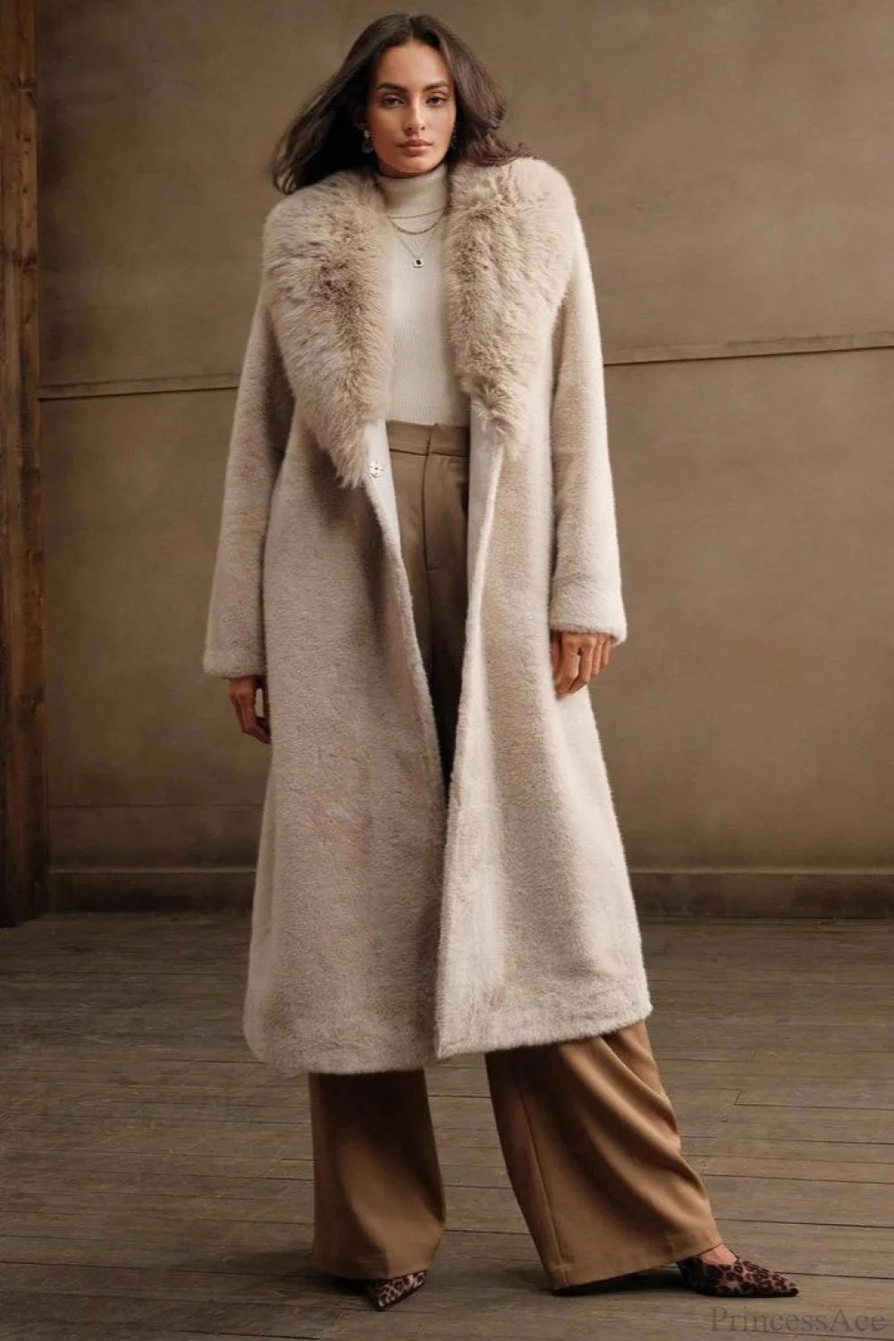 Solid Color Casual Furry Collar Faux Fur Overcoat Khaki / S