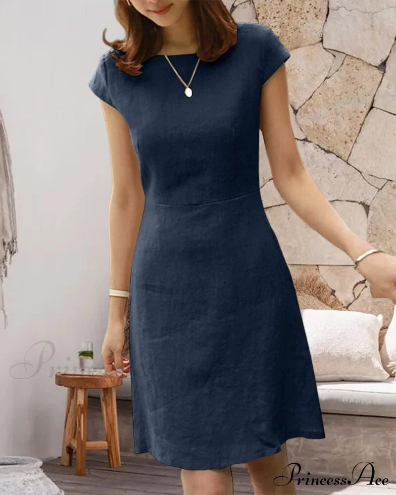 Solid Color Cotton And Linen Short-Sleeved Dress Casual Dresses