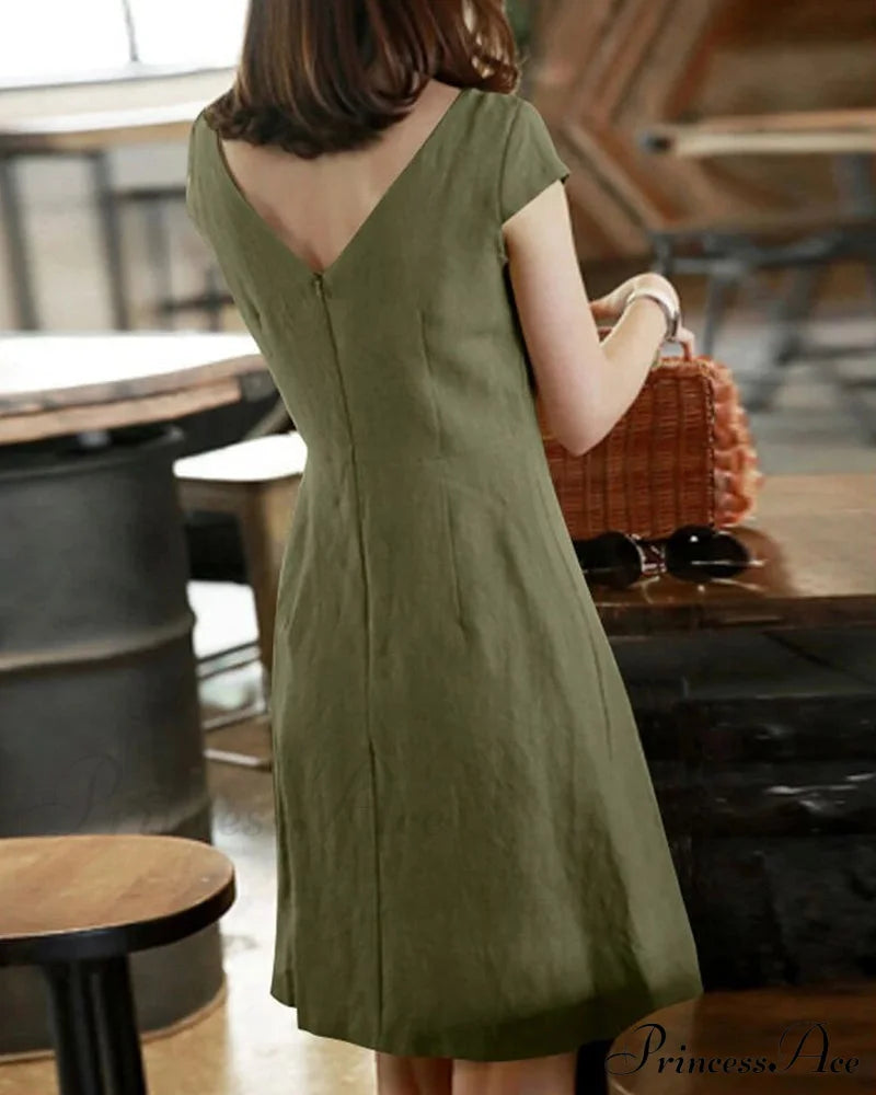 Solid Color Cotton And Linen Short-Sleeved Dress Casual Dresses