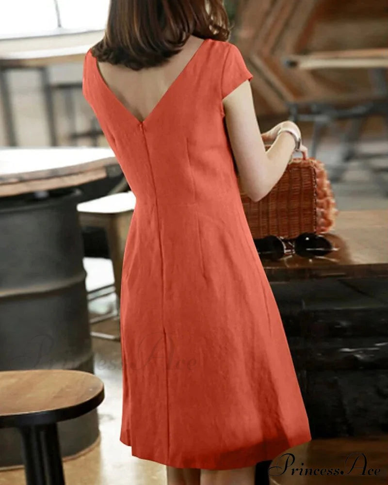 Solid Color Cotton And Linen Short-Sleeved Dress Casual Dresses
