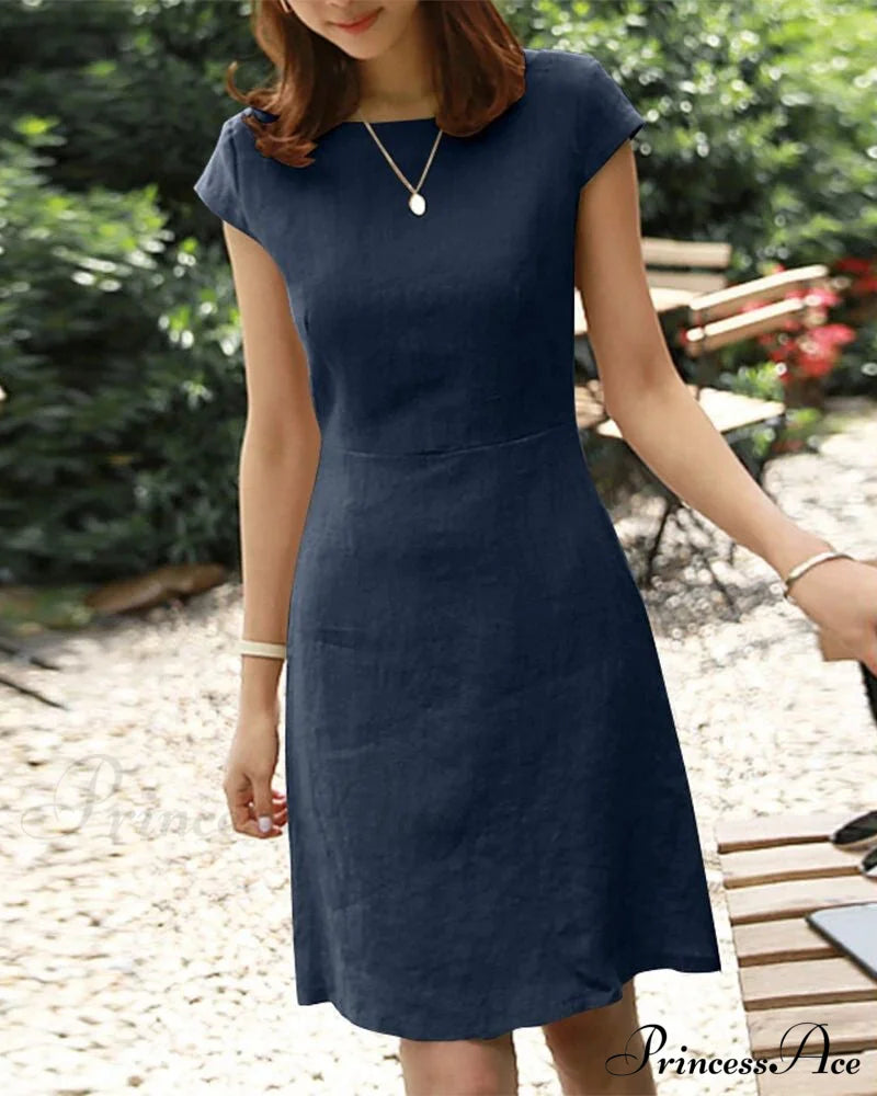 Cotton and linen solid color short-sleeved dress Dark blue 23BF Casual Dresses Clothes Cotton and Linen Dresses Summer