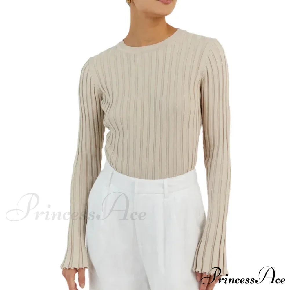 Solid Color Cozy Stylish Long Sleeve Comfortable Ribbed Casual Knit Sweater Beige / S Sweaters-L