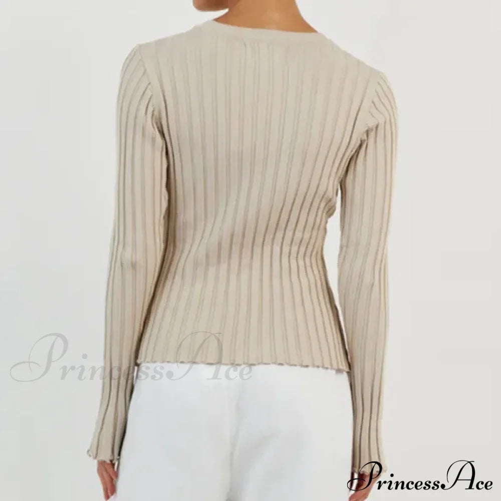 Solid Color Cozy Stylish Long Sleeve Comfortable Ribbed Casual Knit Sweater Sweaters-L