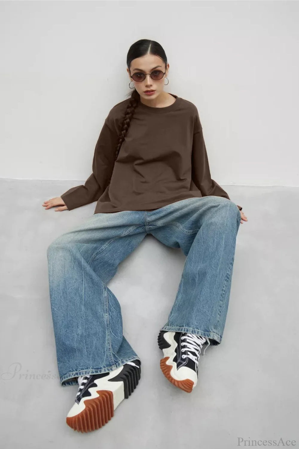 Solid Color Crew Neck Loose Casual Long Sleeve Tee