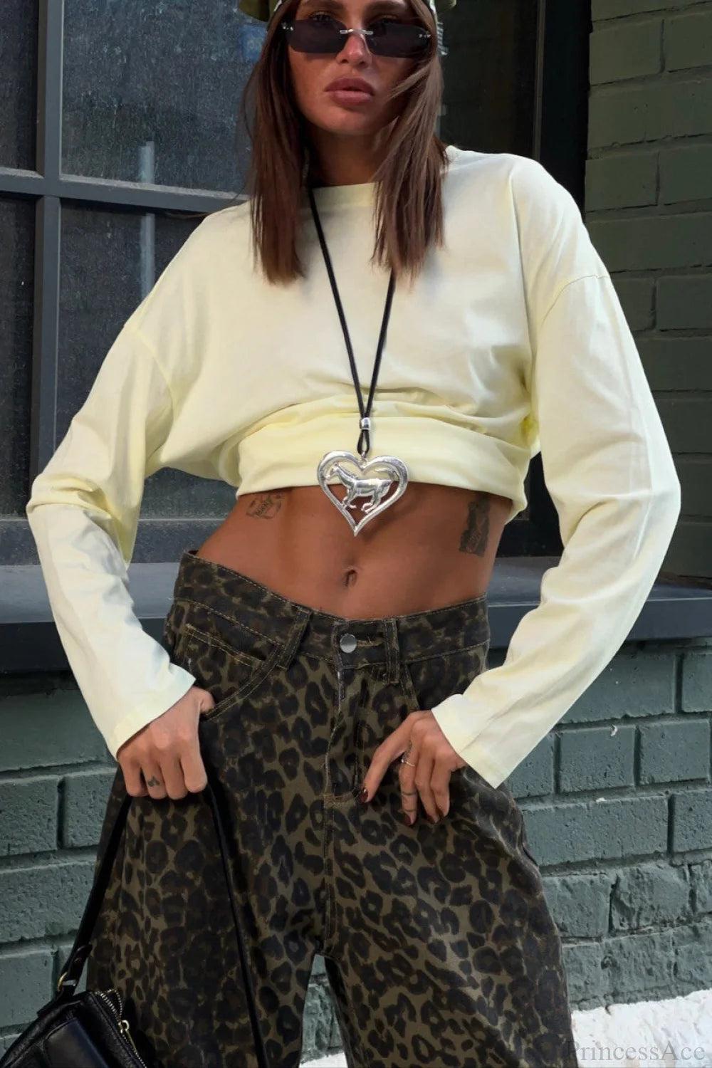 Solid Color Crew Neck Loose Casual Long Sleeve Tee Beige / S