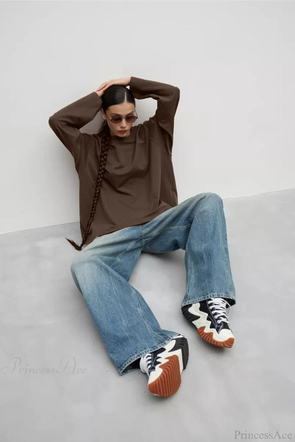 Solid Color Crew Neck Loose Casual Long Sleeve Tee Brown / S