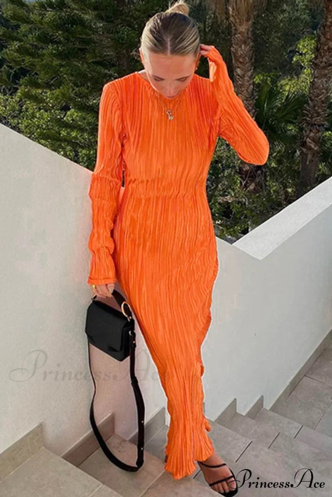 Solid Color Crew Neck Maxi Dress With Pleated Detail Orange / S Dresses