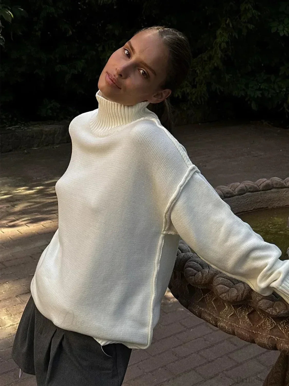 Solid Color Fashion Turtleneck Sweater White / S