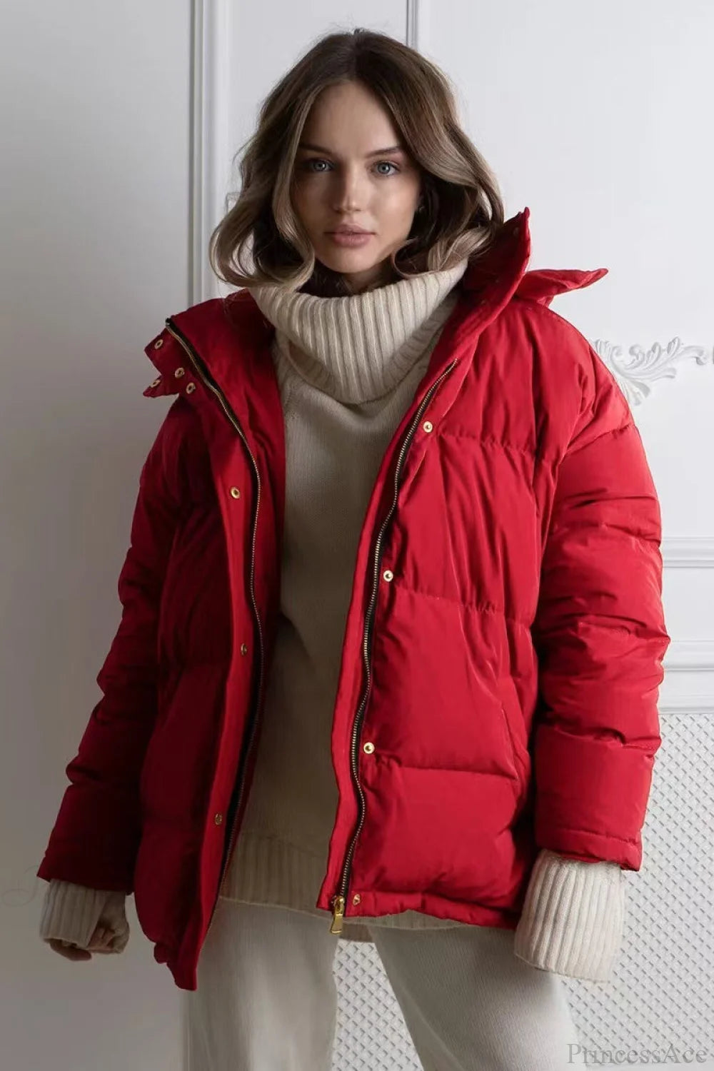 Solid Color Hooded Zippered Thickened Quilted Coat Red / S