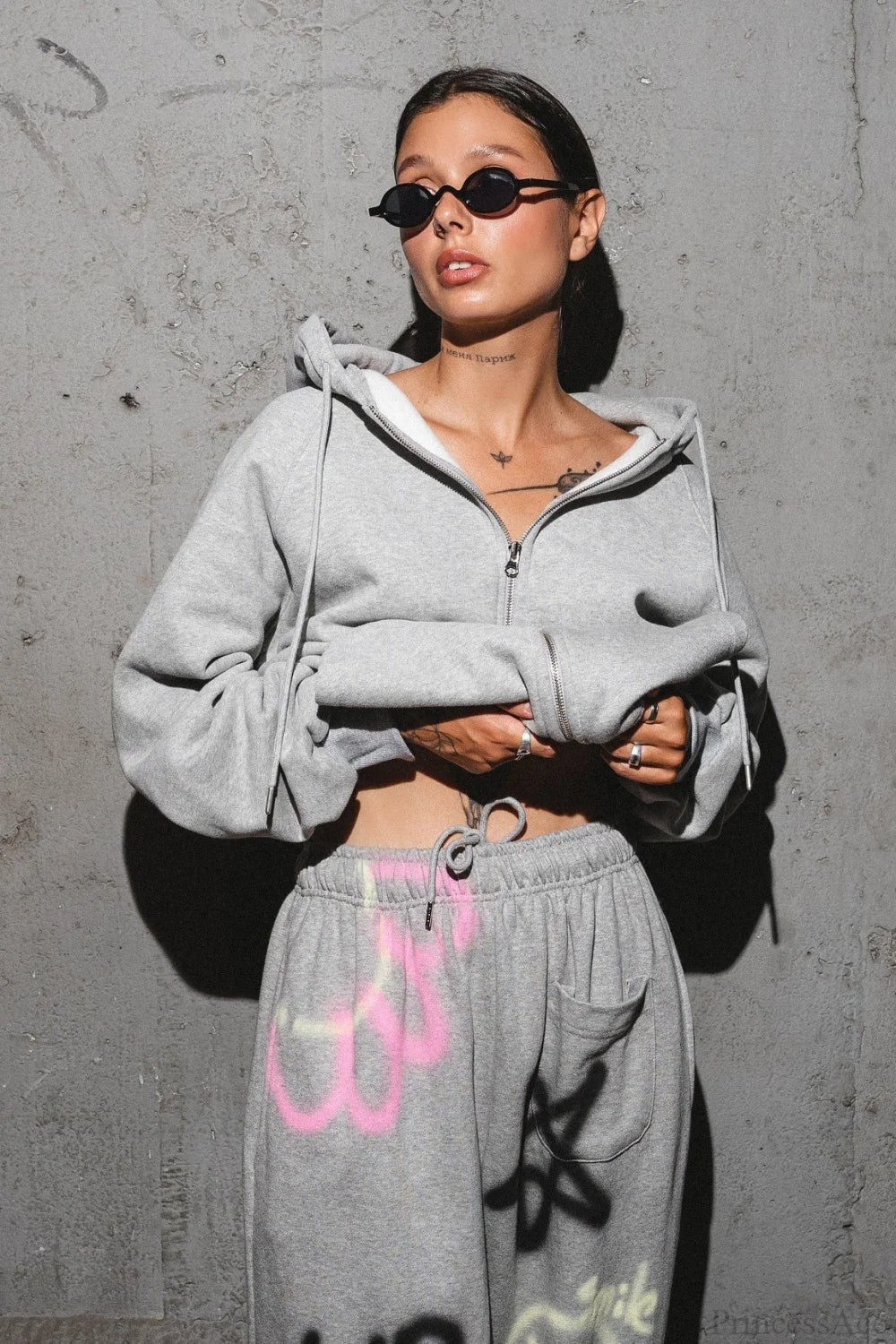 solid color hoodie Colorful Graffiti Letter Casual Pants Two Piece Set