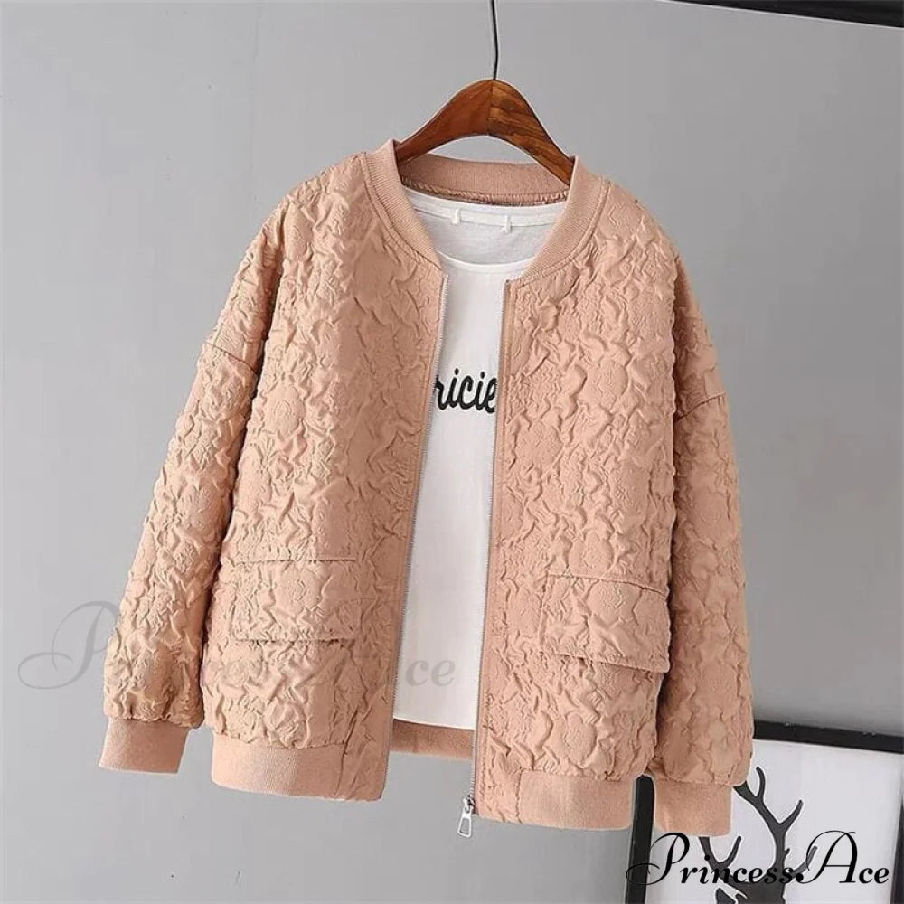 Solid Color Ladies Short Baseball Jacket Champagne Lining / S