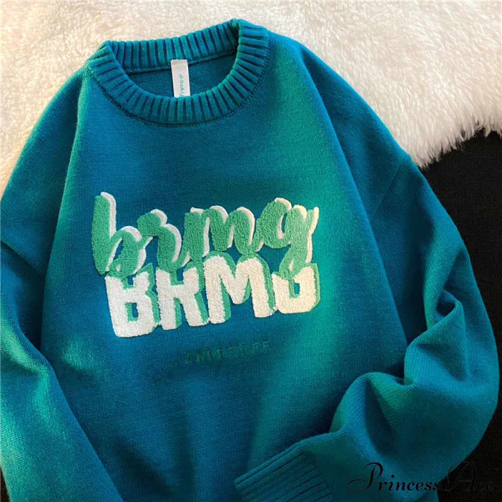 Solid Color Letter Print Knitted Pullover Sweater