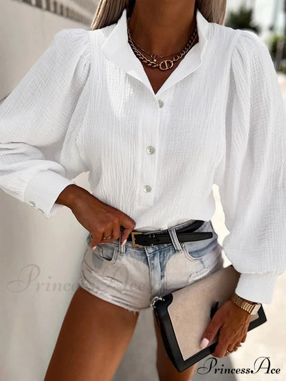 Solid Color Long Sleeve Cotton Blouse Button White / S