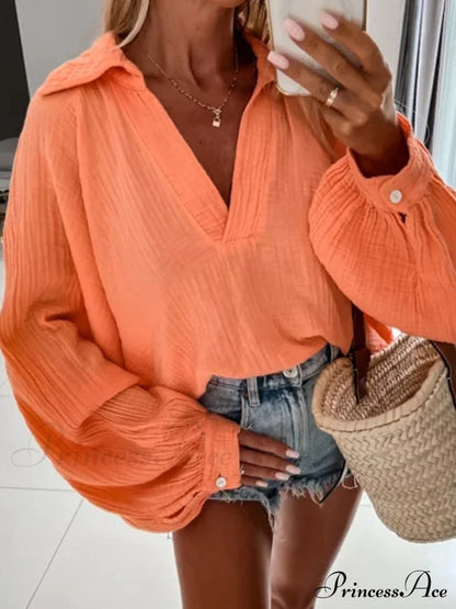 Solid Color Long Sleeve Cotton Blouse Orange / S