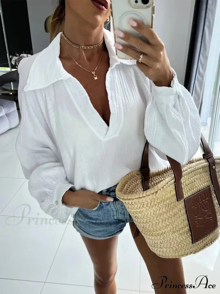 Solid Color Long Sleeve Cotton Blouse White / S