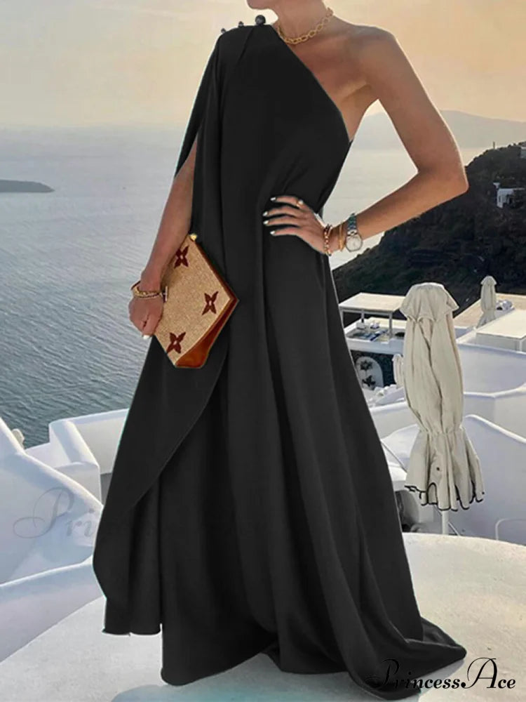 Solid Color Loose Charming One Shoulder Maxi Dress Black / S Dresses