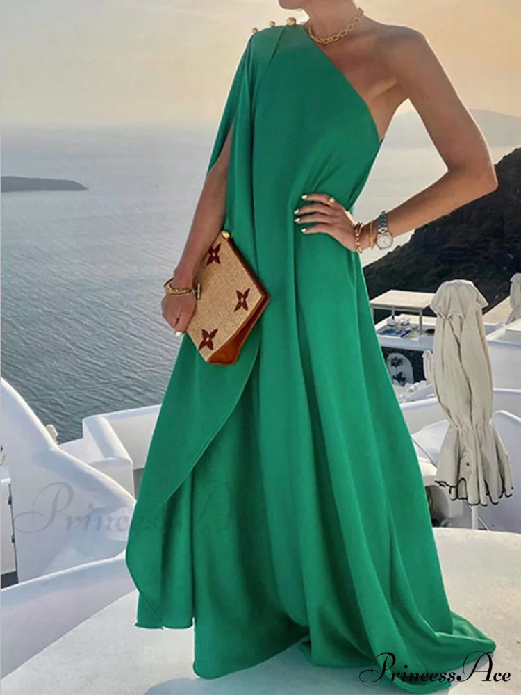 Solid Color Loose Charming One Shoulder Maxi Dress Green / S Dresses