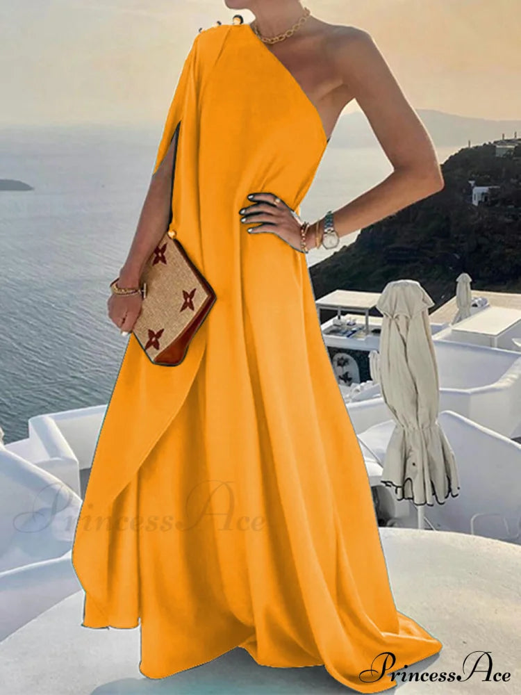 Solid Color Loose Charming One Shoulder Maxi Dress Yellow / S Dresses