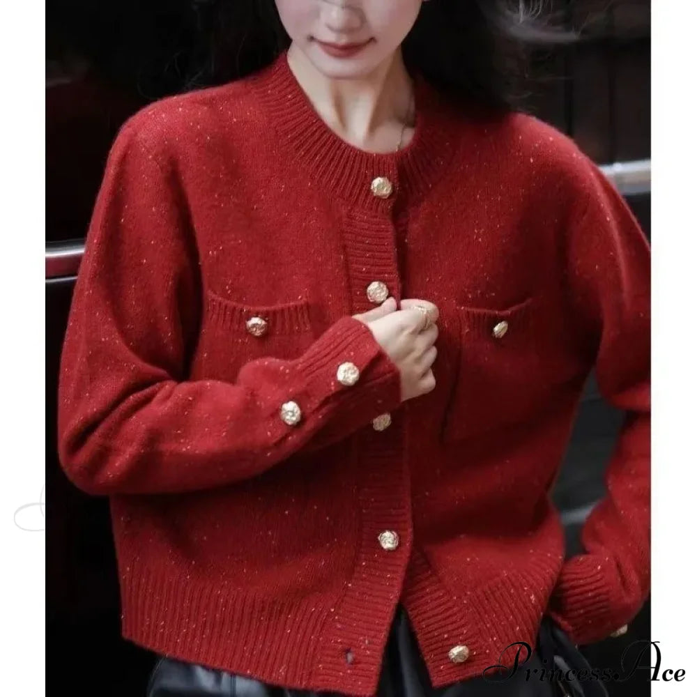 Solid Color Office Lady O-Neck Cardigan Cardigan-241208