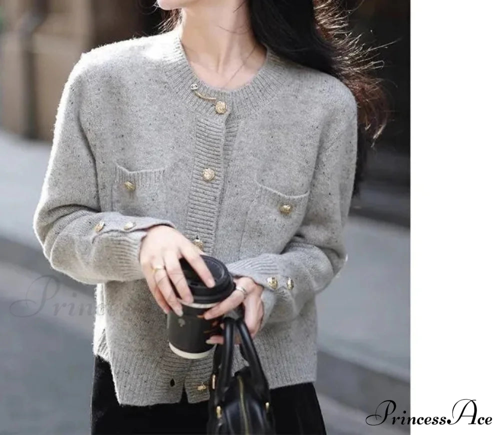 Solid Color Office Lady O-Neck Cardigan Gray / S Cardigan-241208