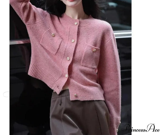 Solid Color Office Lady O-Neck Cardigan Pink / S Cardigan-241208