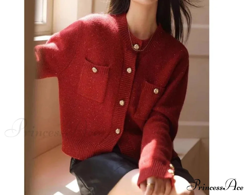 Solid Color Office Lady O-Neck Cardigan Red / S Cardigan-241208