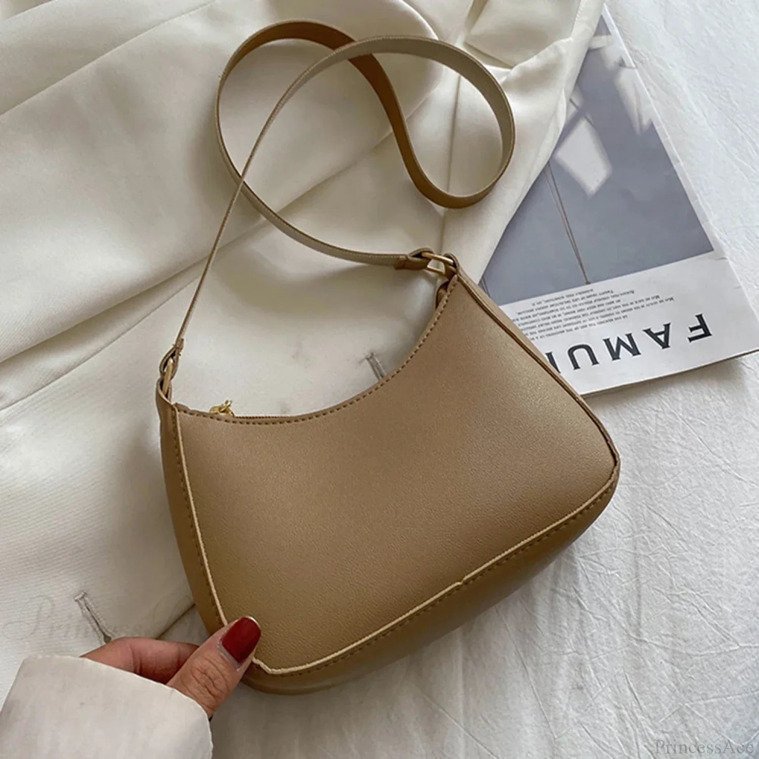 Solid Color PU Leather Casual Shoulder Bag Camel / 20x14x5cm shoulder-250126