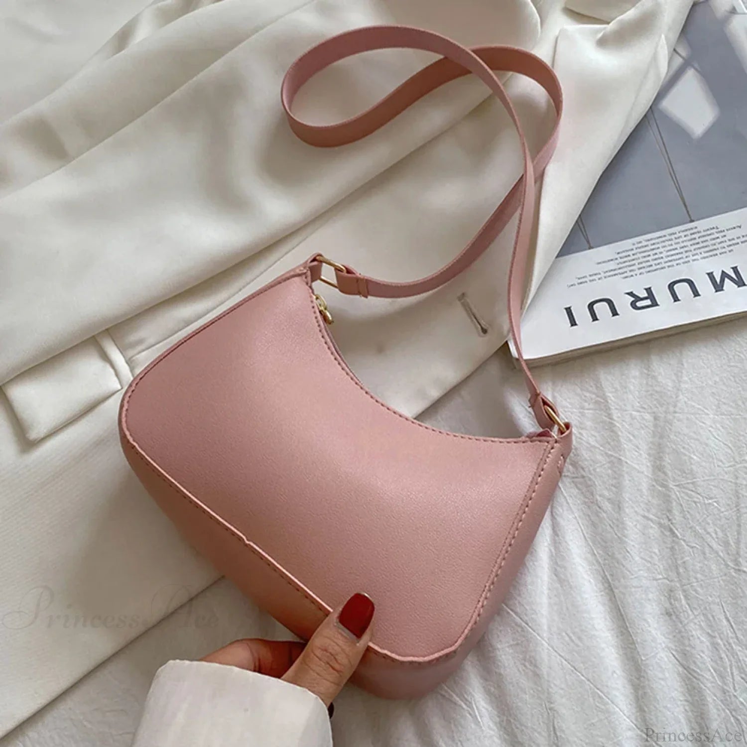 Solid Color PU Leather Casual Shoulder Bag Pink / 20x14x5cm shoulder-250126