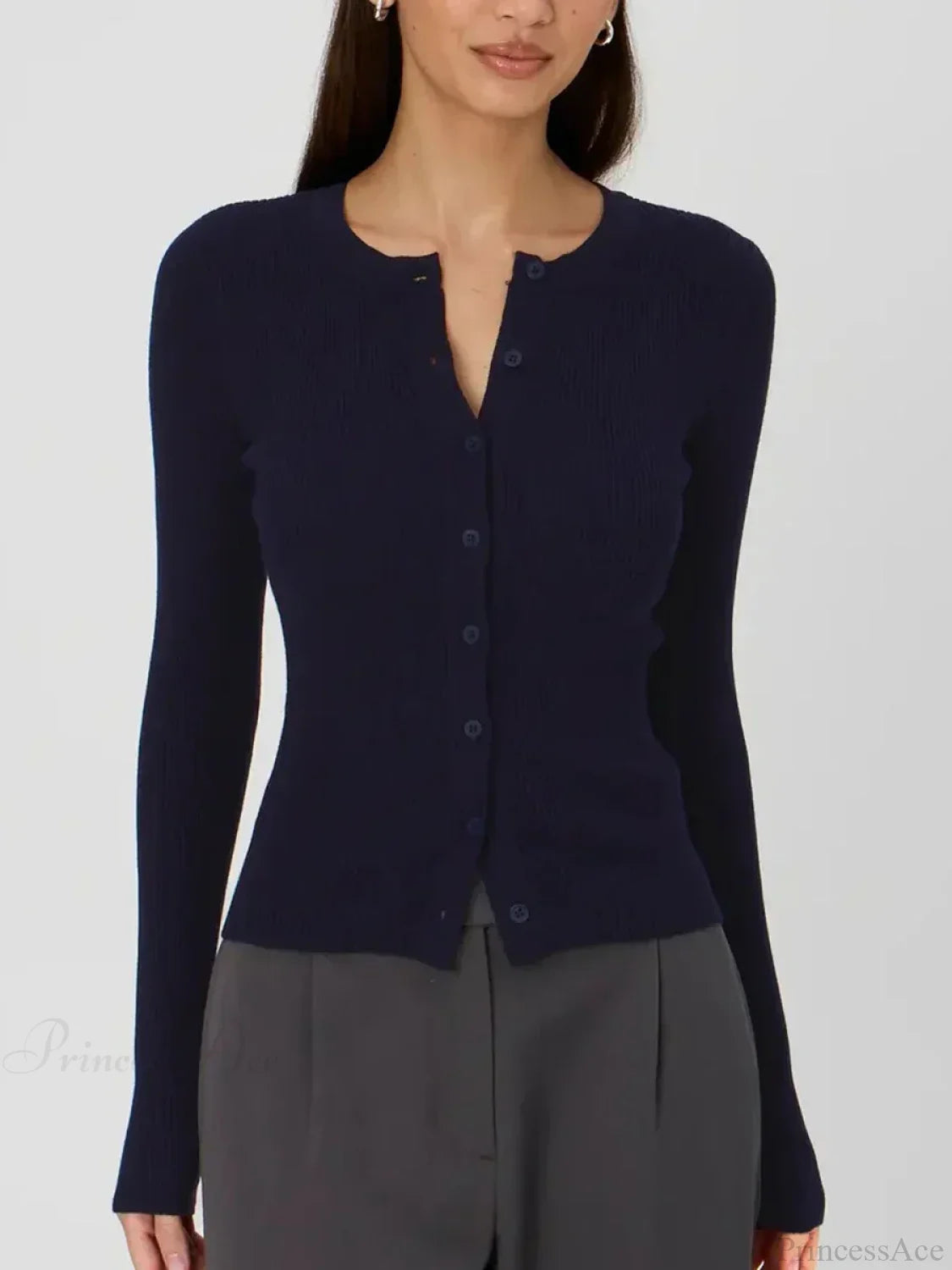 Solid Color Ribbed Long Sleeve Knit Cardigan nevy / S