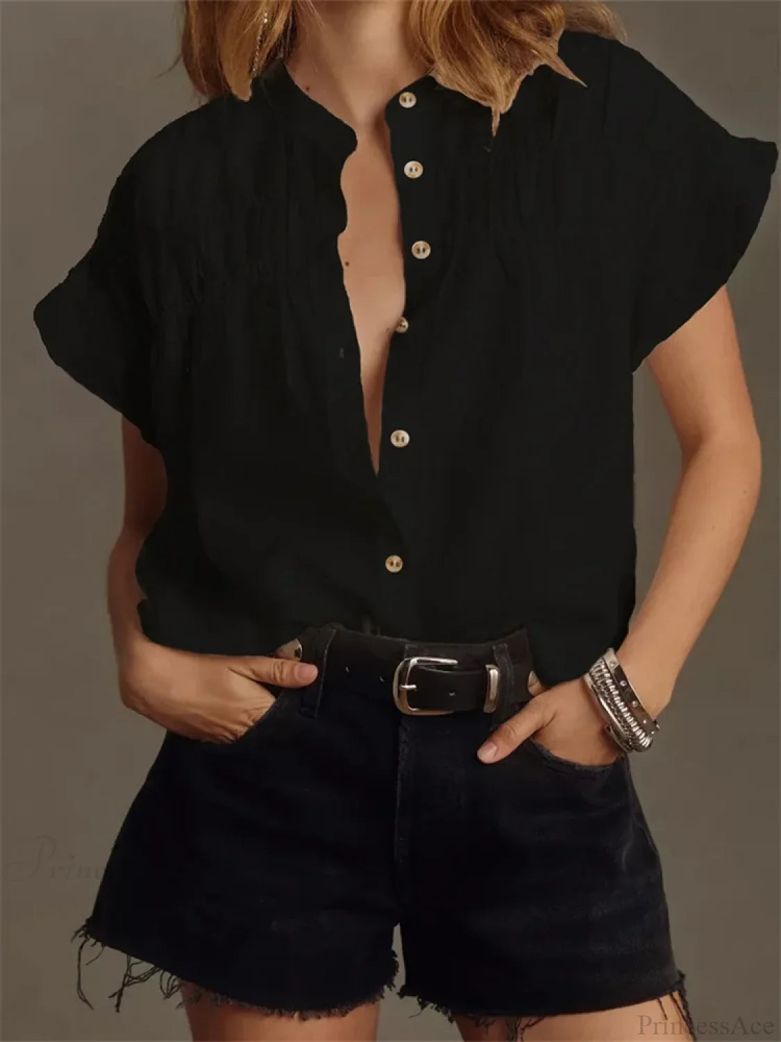 Solid Color Ruffle Short Sleeve Blouse black / S blouse-250223