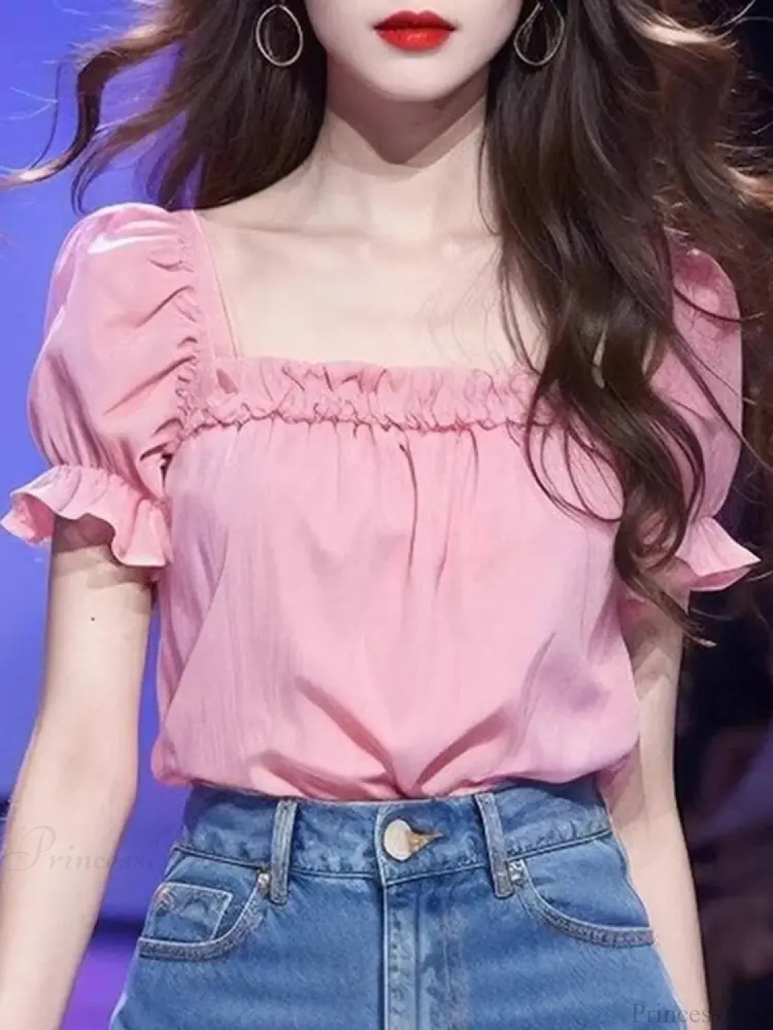 Solid Color Ruffled Square Neck Short Sleeve Blouse Light Pink / S blouse-250126