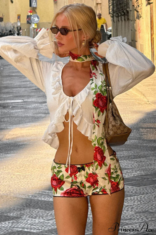 Solid Color Ruffled Tie Long Sleeve Blouse