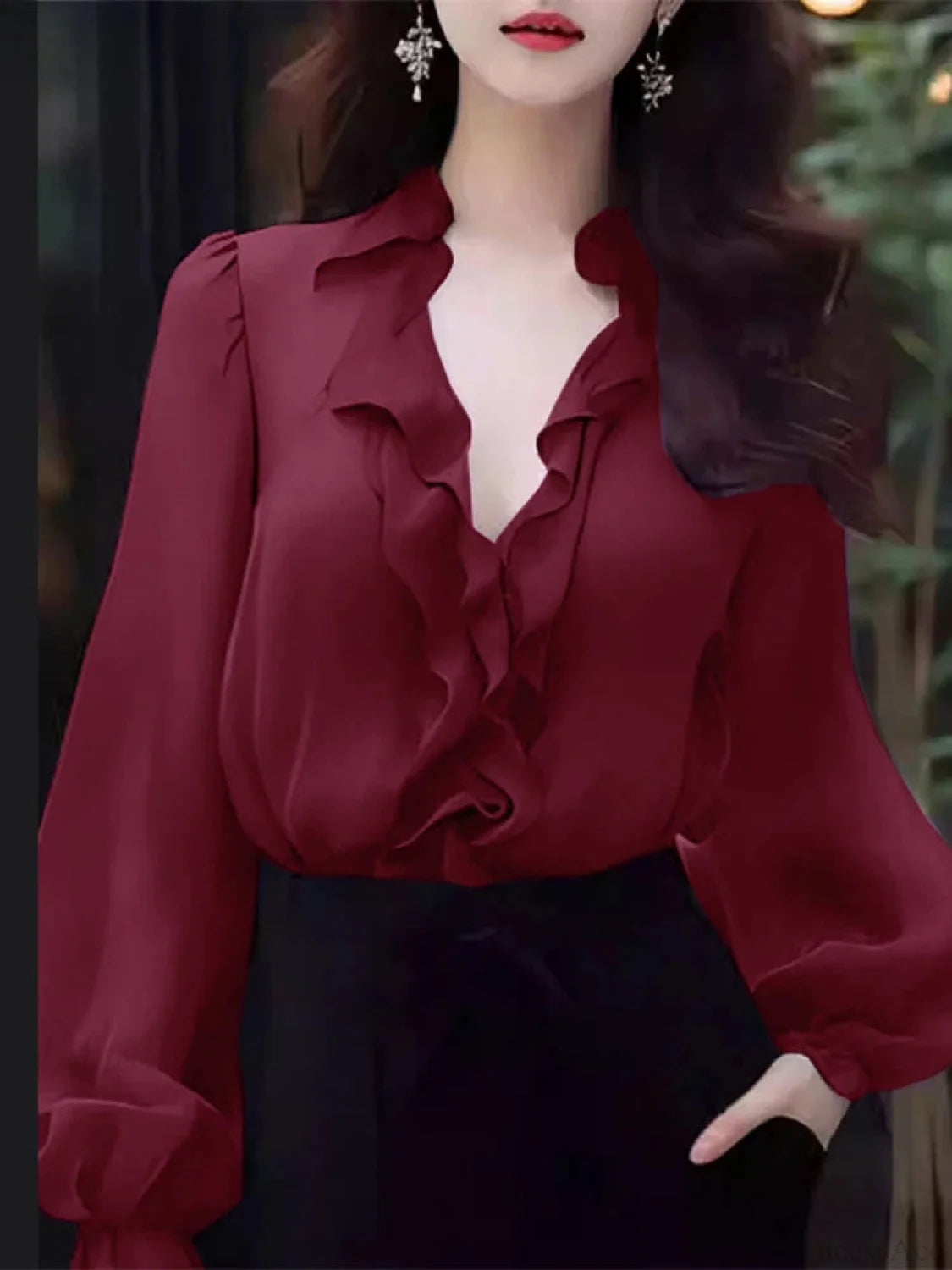 Solid Color Ruffled V-neck Lantern Sleeve Blouse Wine Red / S blouse-250126