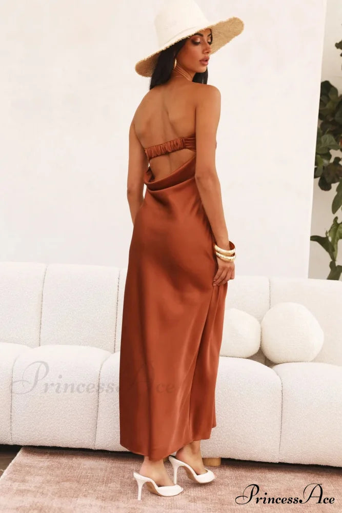 Solid Color Satin Strapless Midi Dress Brown / L Dresses