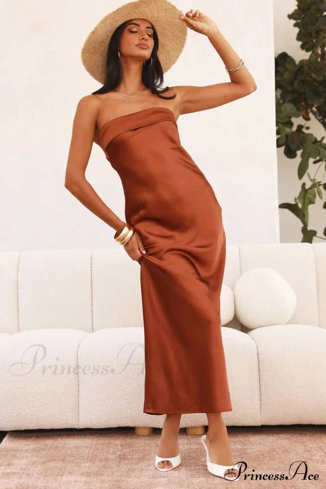 Solid Color Satin Strapless Midi Dress Brown / M Dresses