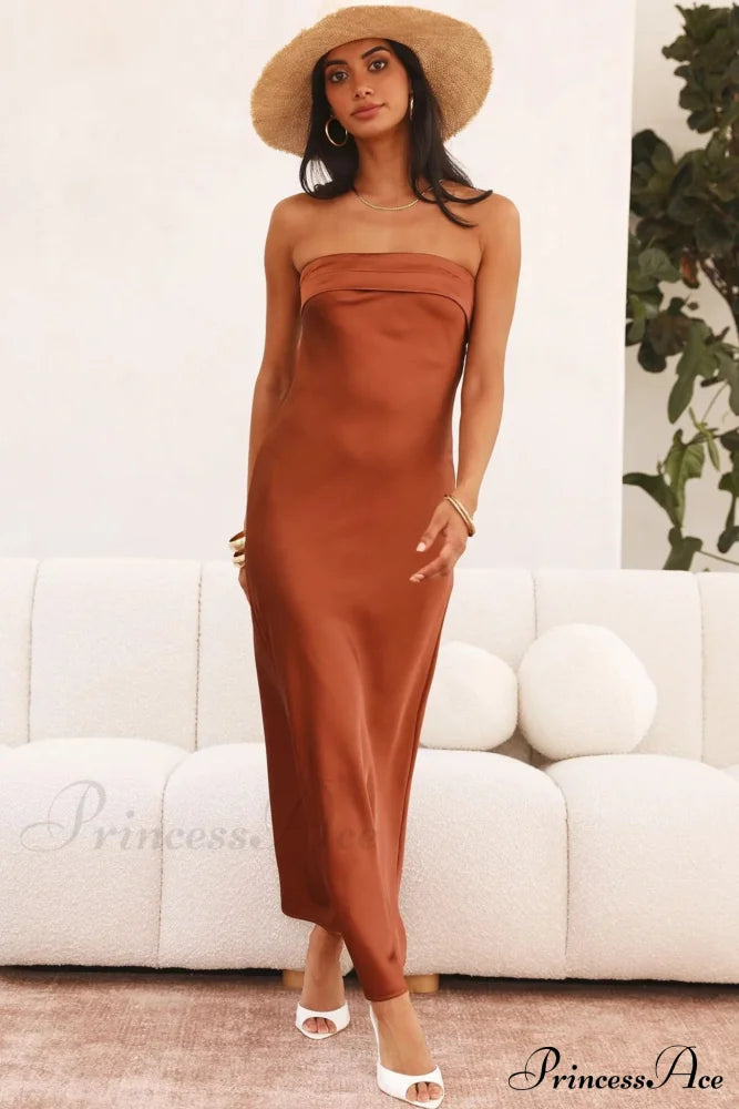 Solid Color Satin Strapless Midi Dress Brown / S Dresses