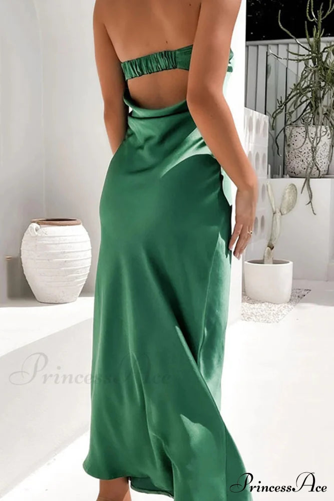 Solid Color Satin Strapless Midi Dress Green / L Dresses