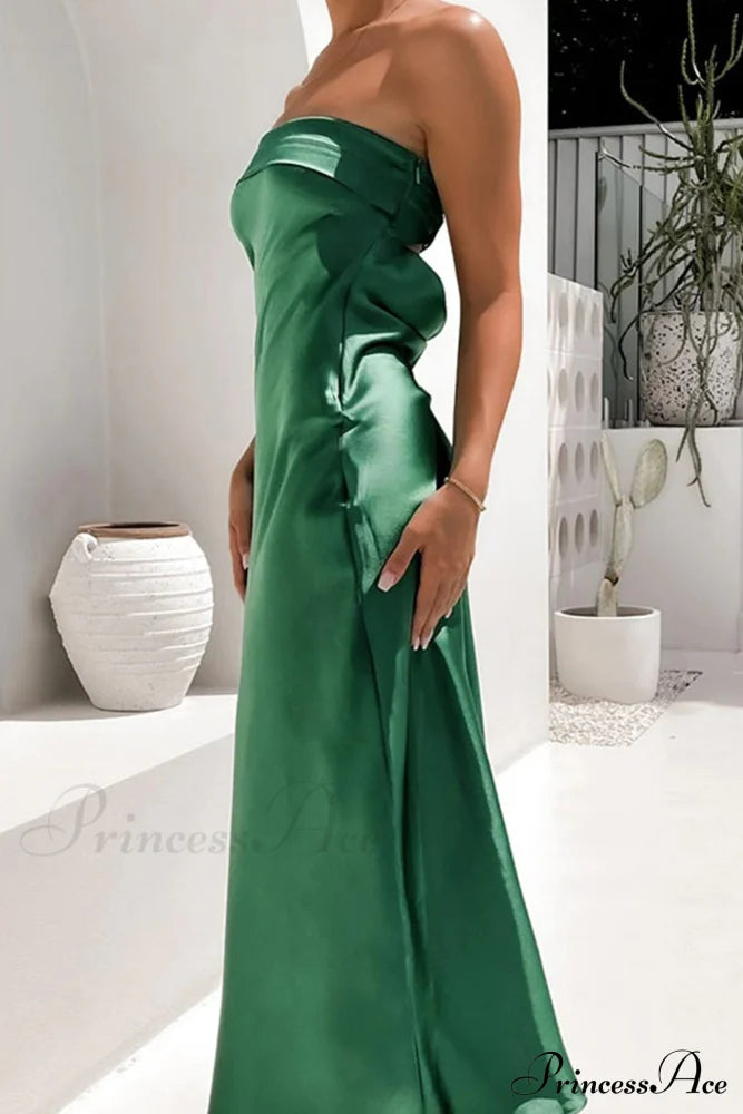 Solid Color Satin Strapless Midi Dress Green / M Dresses