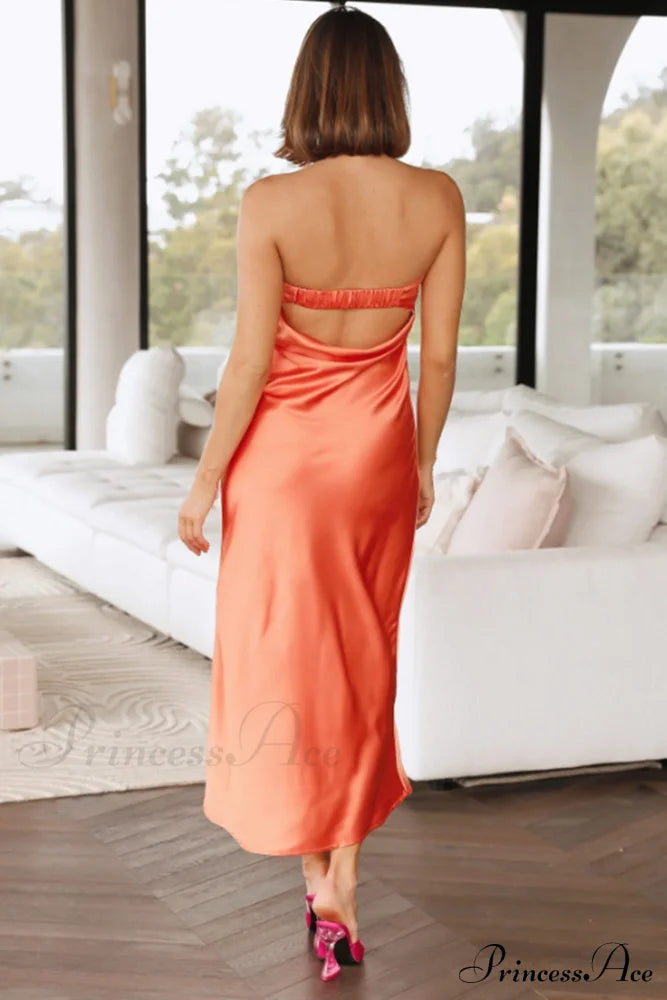 Solid Color Satin Strapless Midi Dress Orange / L Dresses