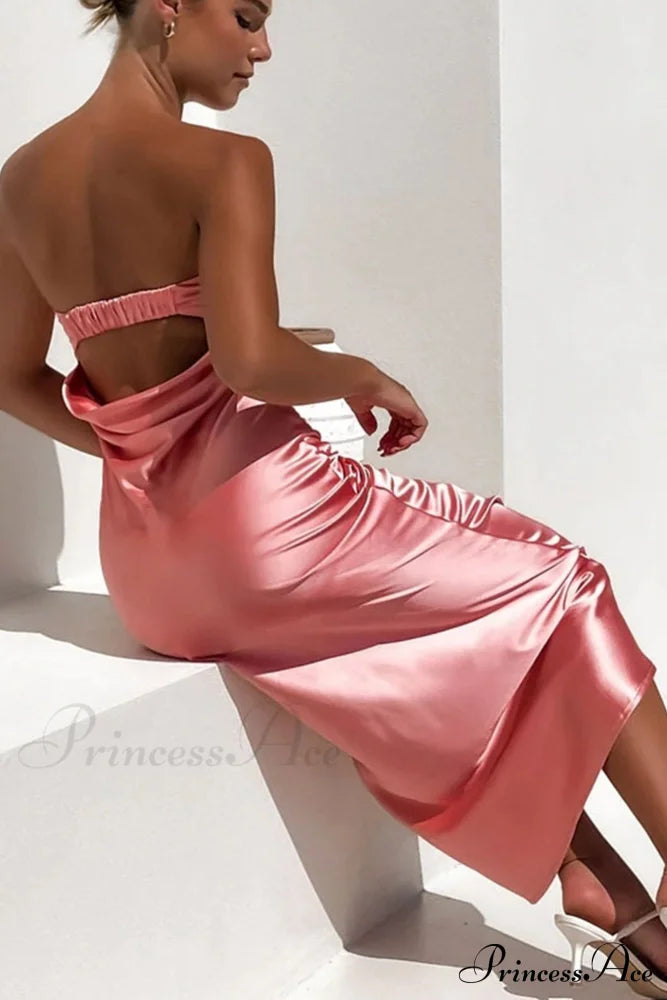 Solid Color Satin Strapless Midi Dress Pink / L Dresses