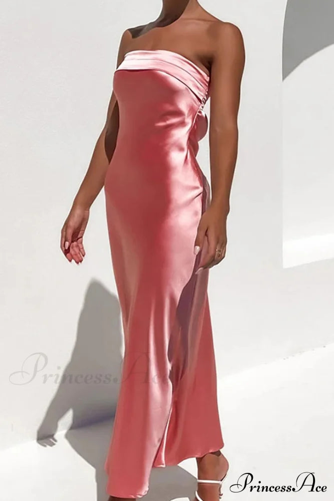 Solid Color Satin Strapless Midi Dress Pink / M Dresses