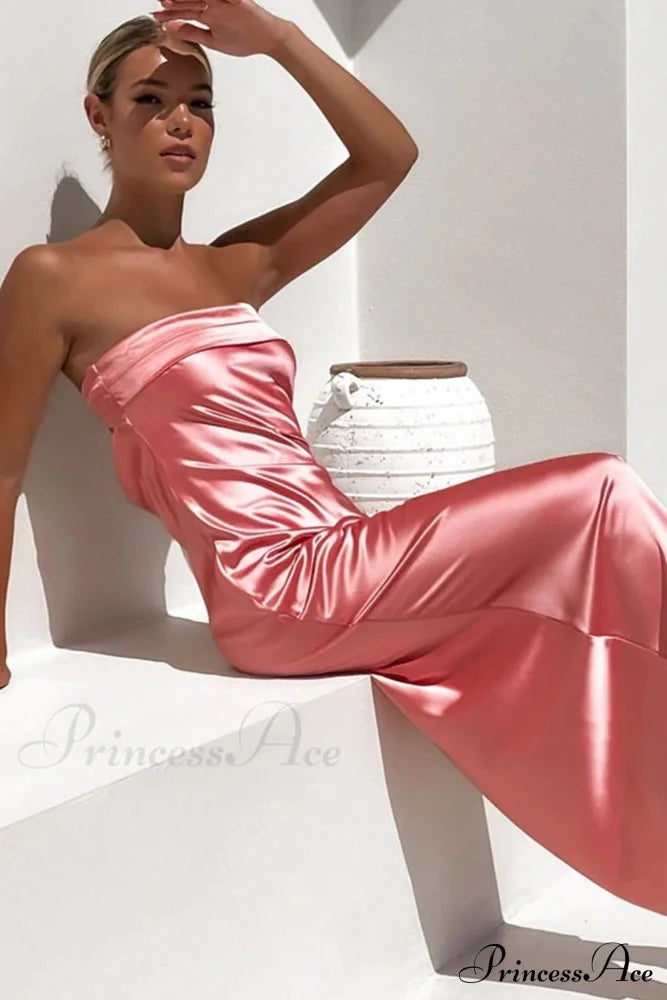 Solid Color Satin Strapless Midi Dress Pink / S Dresses