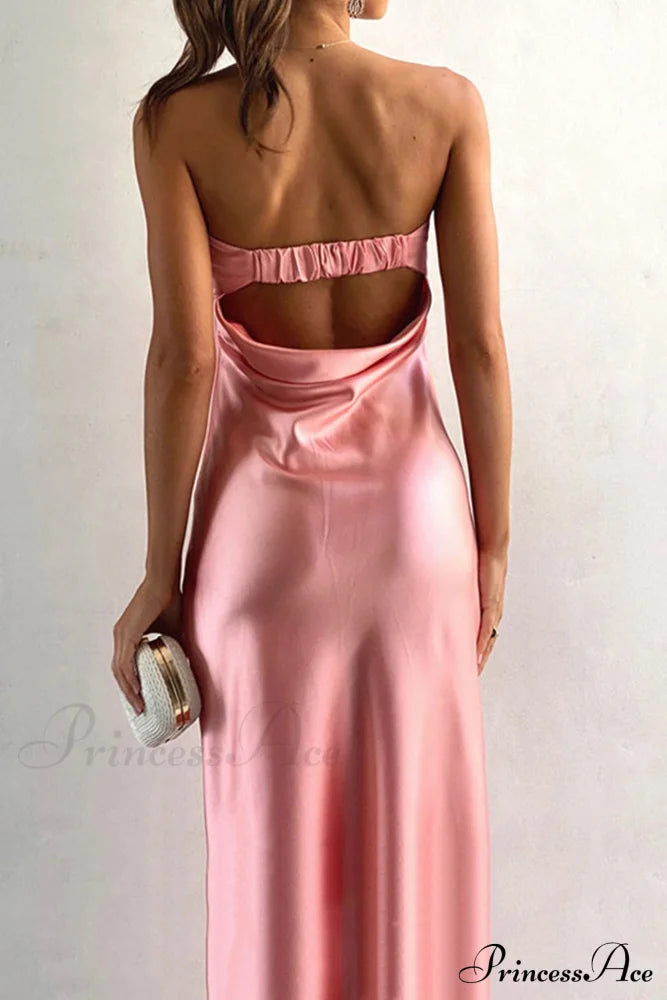 Solid Color Satin Strapless Midi Dress Pink / Xl Dresses