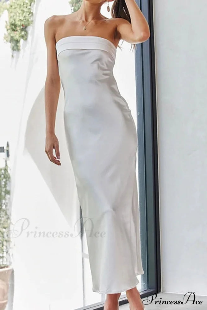 Solid Color Satin Strapless Midi Dress White / S Dresses